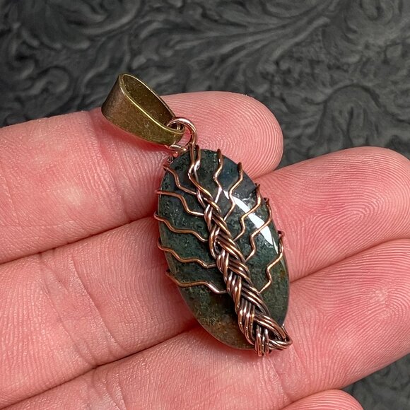 Moss Agate Copper Wire Wrapped Tree of Life Pendant Stone Crystal Jewelry - Picture 3 of 7